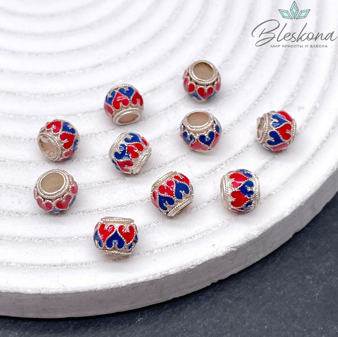 7,5*6 мм Бусина Сердца эмаль посеребрение