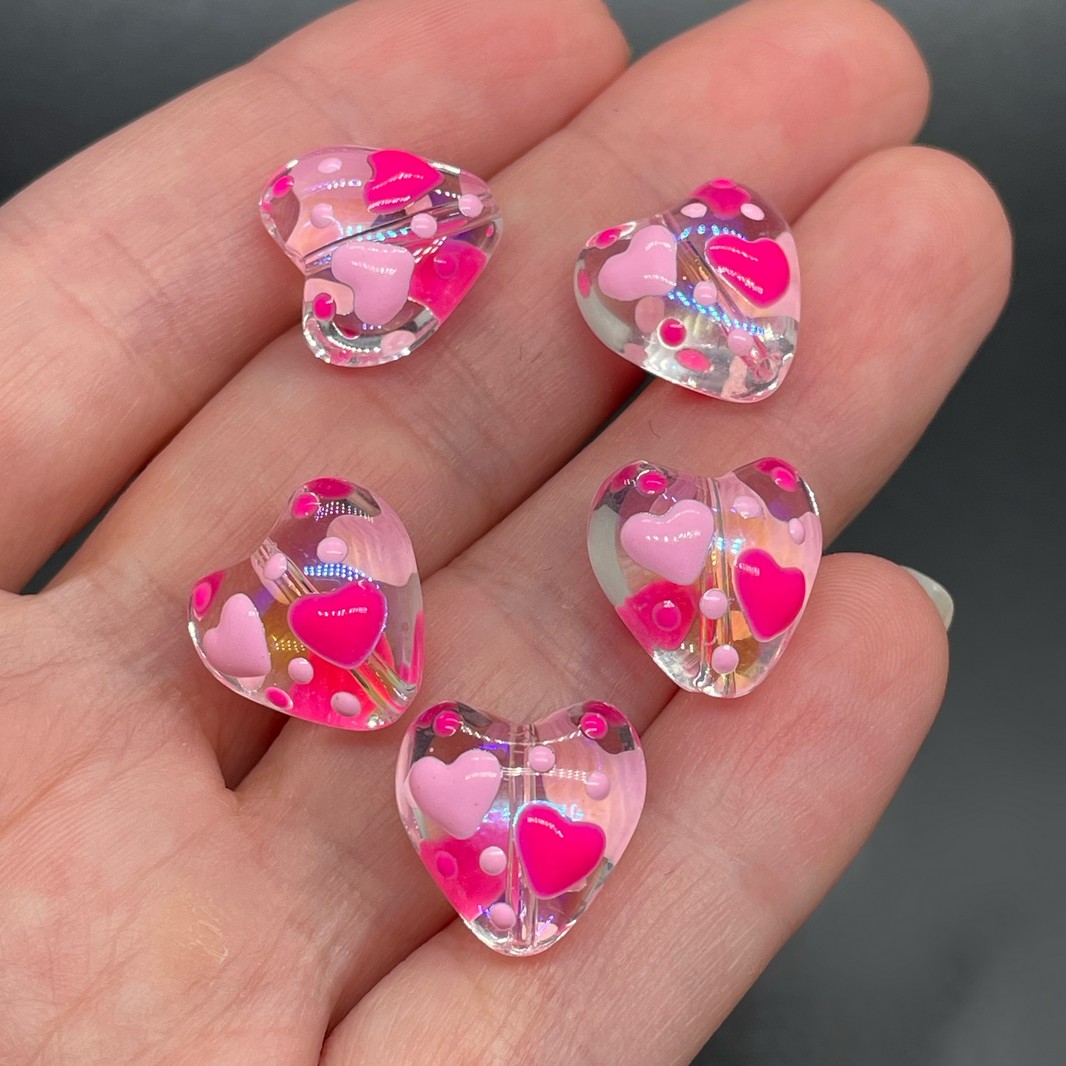 13,5 мм, Стекло бусина сердце с бледно-ярко розовыми  сердечками уп.5 шт