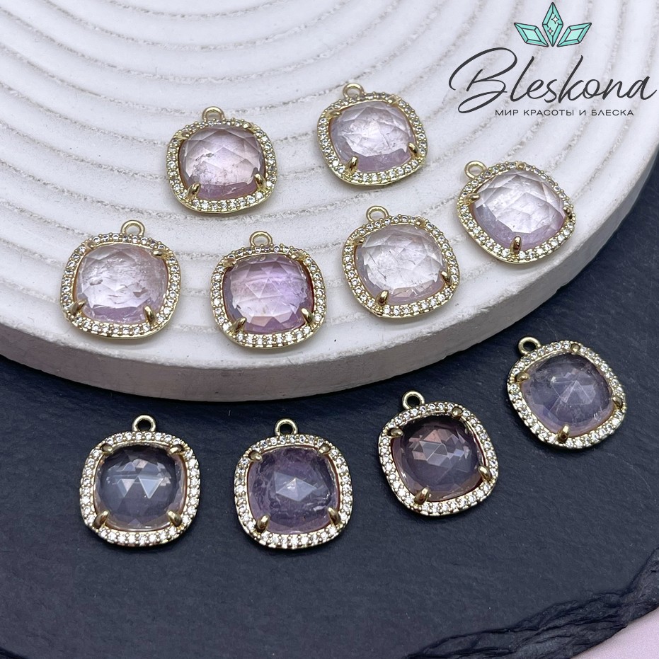 14мм, цвет золото ,Подвеска квадрат Аметист Лавандовый в обрамлении цирконы