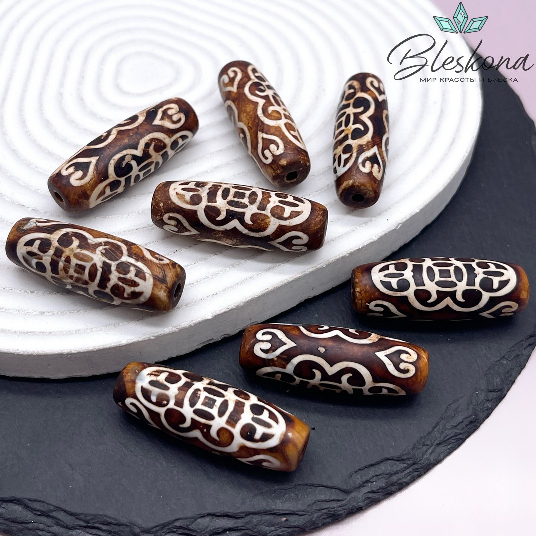 Бусина Дзи 2 монеты и 4 сердца коричневый матовый бочонок 40*13 мм