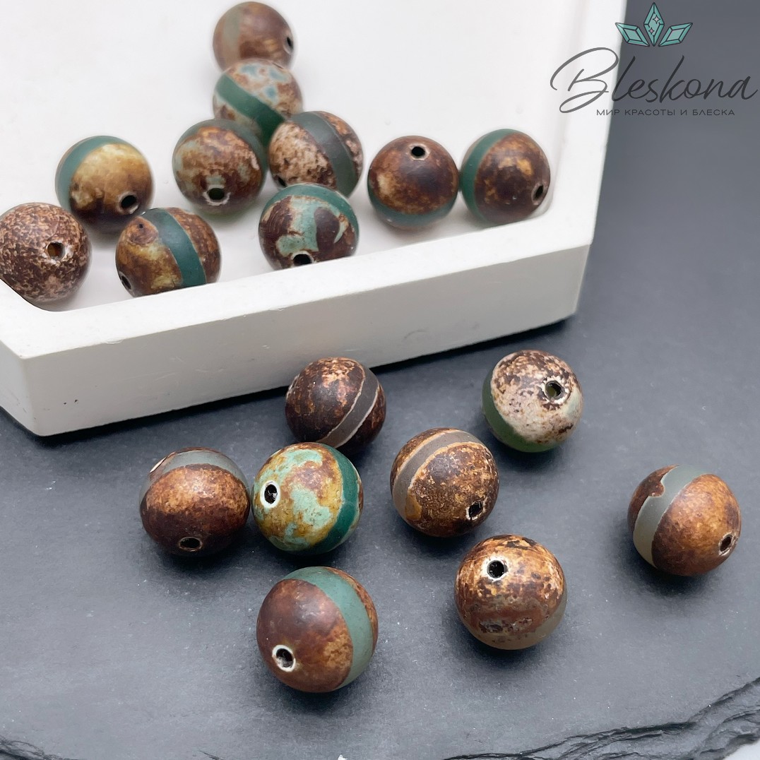 Бусина Дзи Медицина зелено-коричневый матовый шар уп.10 шт.
