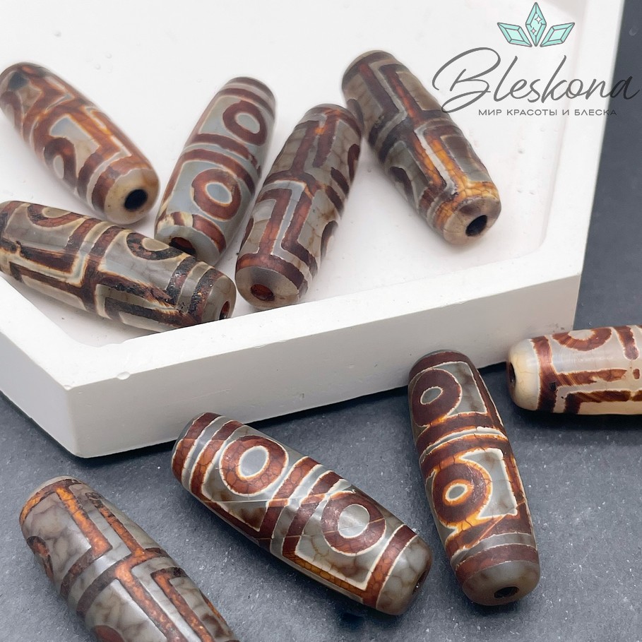 Бусина Дзи 4 глаза серо-коричневый бочонок 30*11 мм