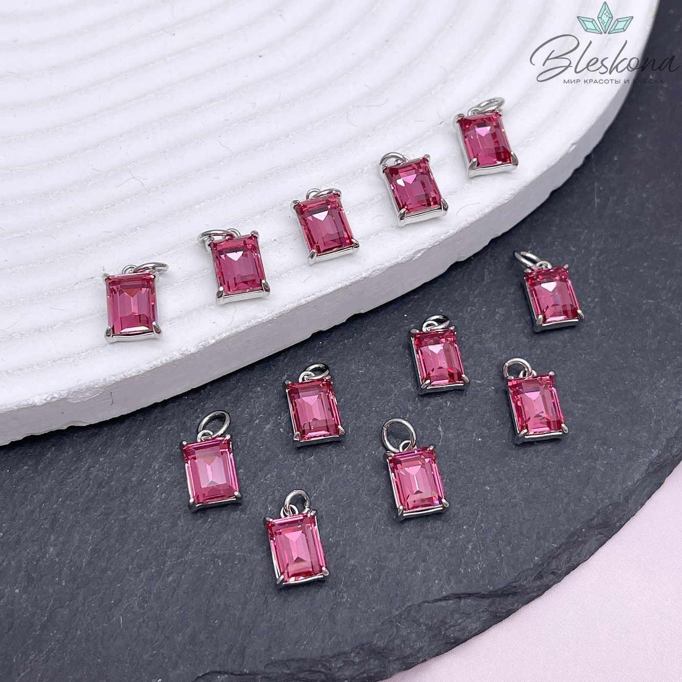 8*5 мм, Цвет серебро, Подвеска прямоугольник малиновый циркон