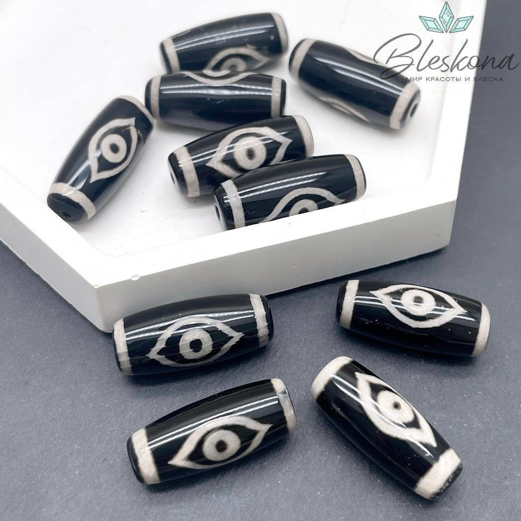 Бусина Дзи 2 глаза Феникса черно-белый бочонок 25*11 мм