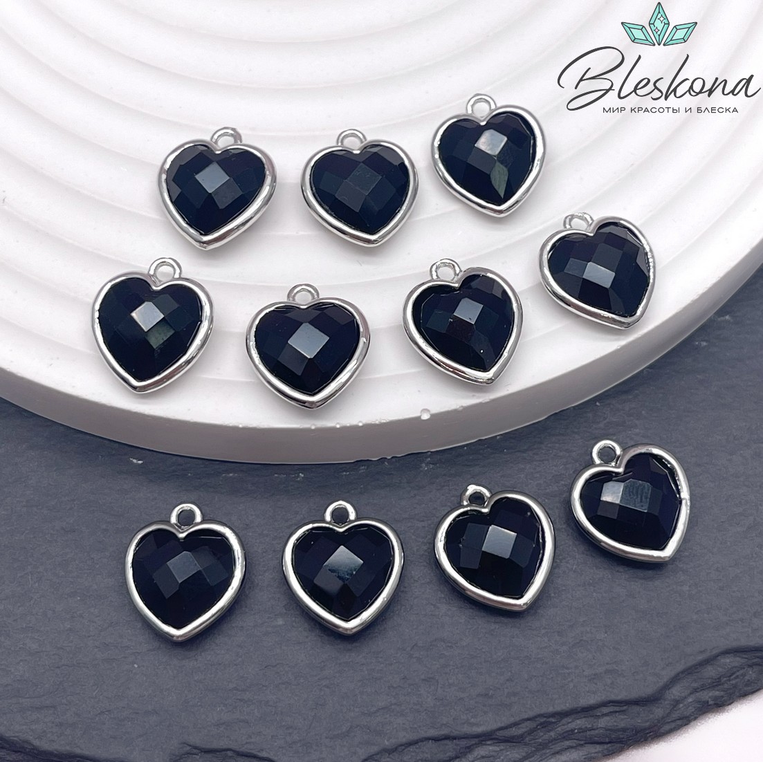 12*13мм,Цвет серебро,Подвеска Сердце черный агат огранка