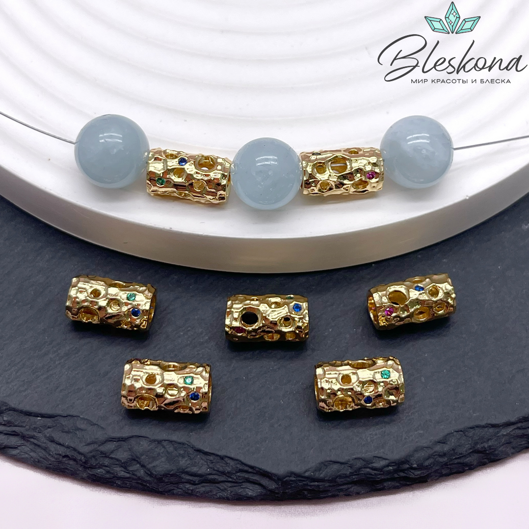 11,4*6,5 мм Цвет золото, Бусина цилиндр цветные цирконы