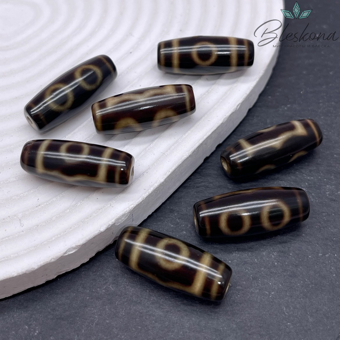 Бусина Дзи 3 глаза черно-коричневый бочонок 28*12 мм №1