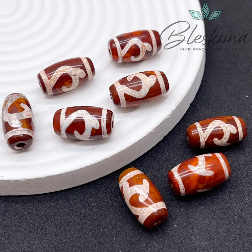 Бусина Дзи Зеленая тара бело-коричневый бочонок 20*11 мм