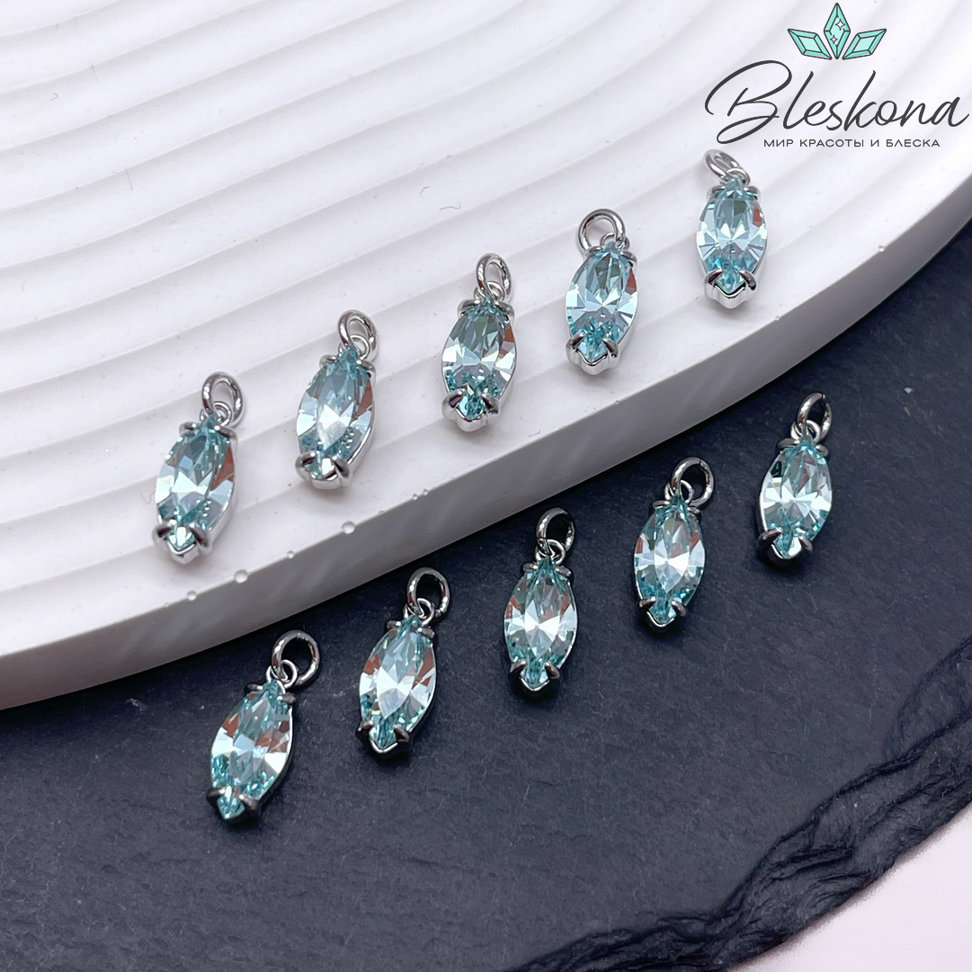 12*5 мм Цвет серебро, Подвеска капля с голубым стеклом 