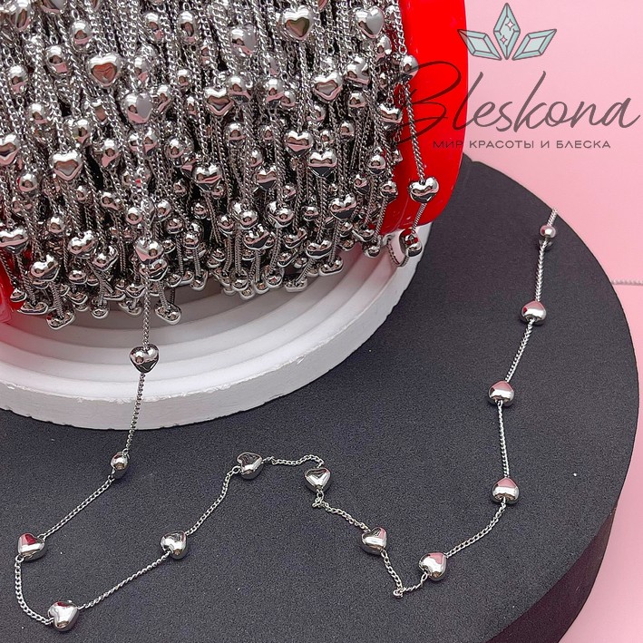 Цепь №107 цвет серебро, объемное сердце 1,5*1,5 мм