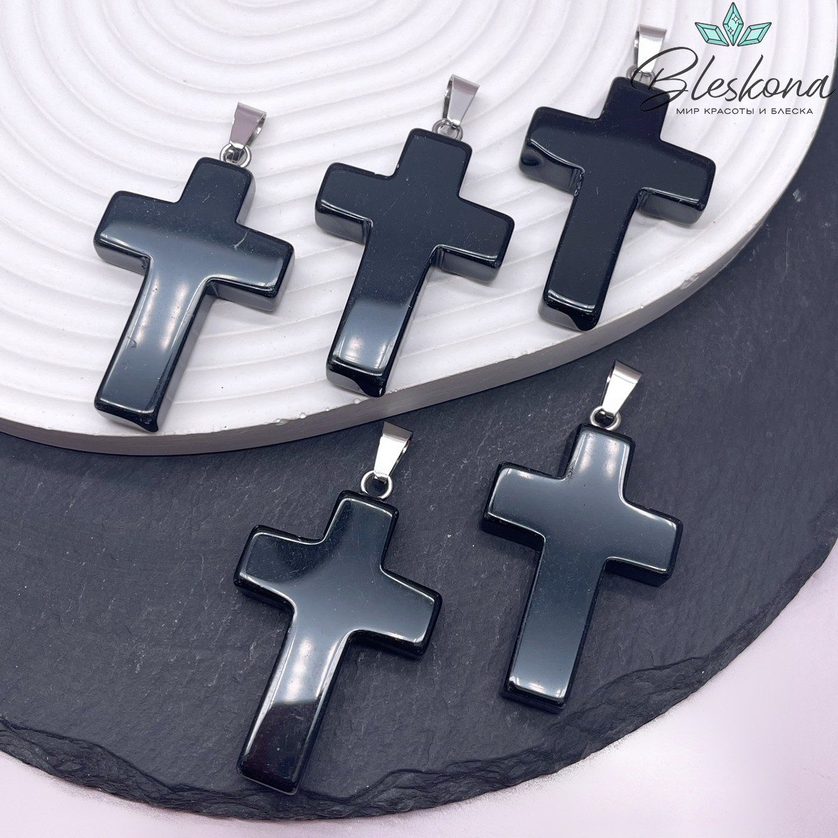Подвеска крест Обсидиан, цвет серебро 44*28 мм