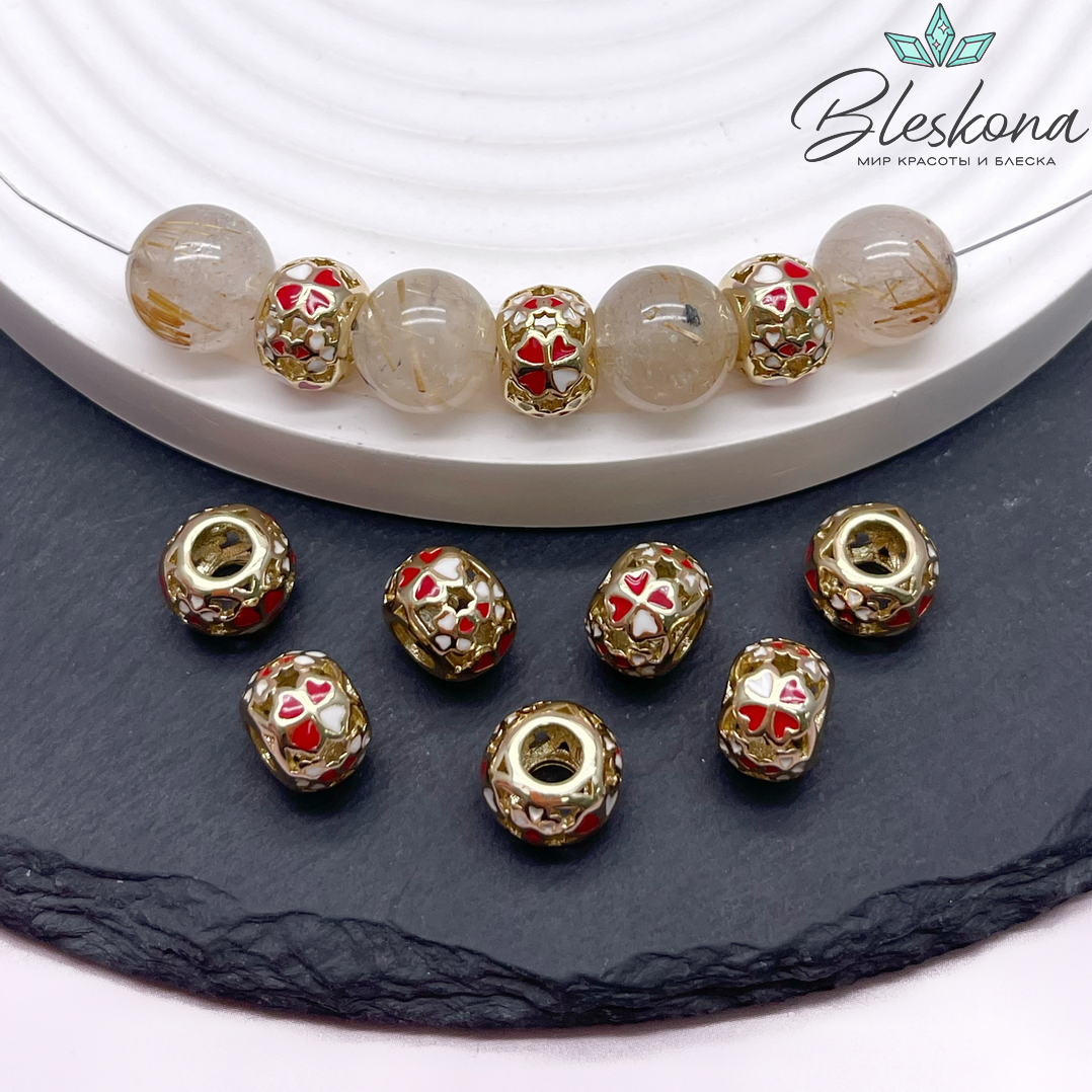 7*10 мм Цвет золото, Бусина бочонок клевер красно-белая эмаль
