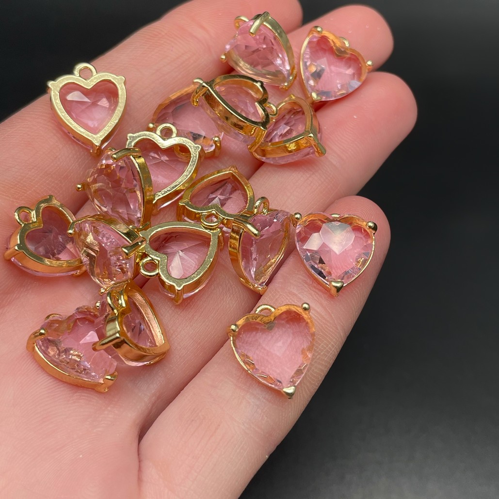 12 мм, Цвет золото, Подвеска сердце стекло розовое цапы