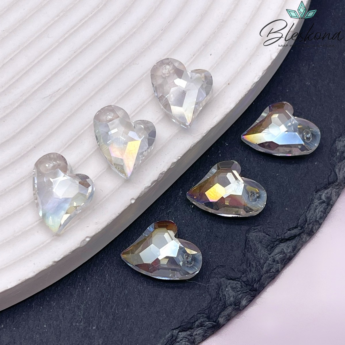 16,5*14 мм, Подвеска сердце стекло белое с переливом (Shimmer B) уп. 2 шт АКЦИЯ