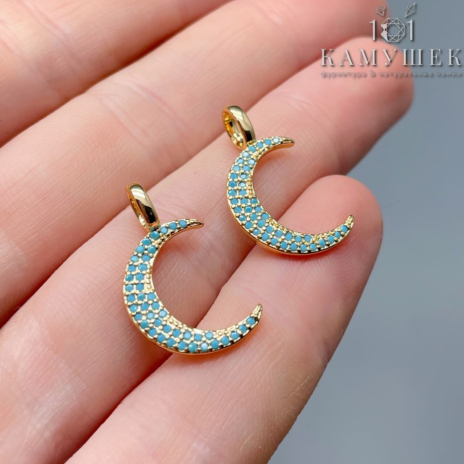12,5*21,6 мм Цвет золото, Подвеска полумесяц голубые цирконы 