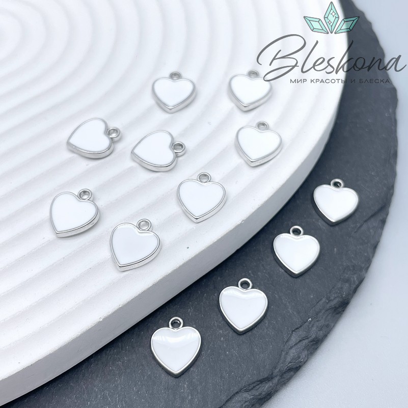11*10 мм Цвет серебро, Подвеска сердце белая эмаль 