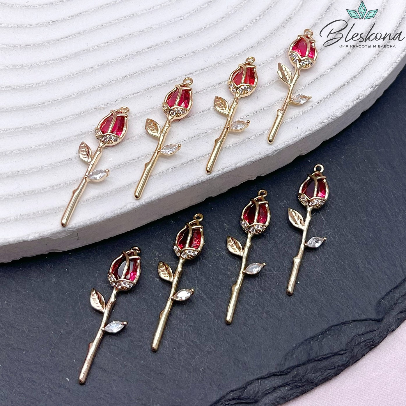 26,6*7 мм Цвет золото, Подвеска Роза розовый циркон