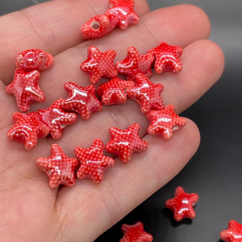 10 мм Бусина морская звезда мини , керамика цвет красный