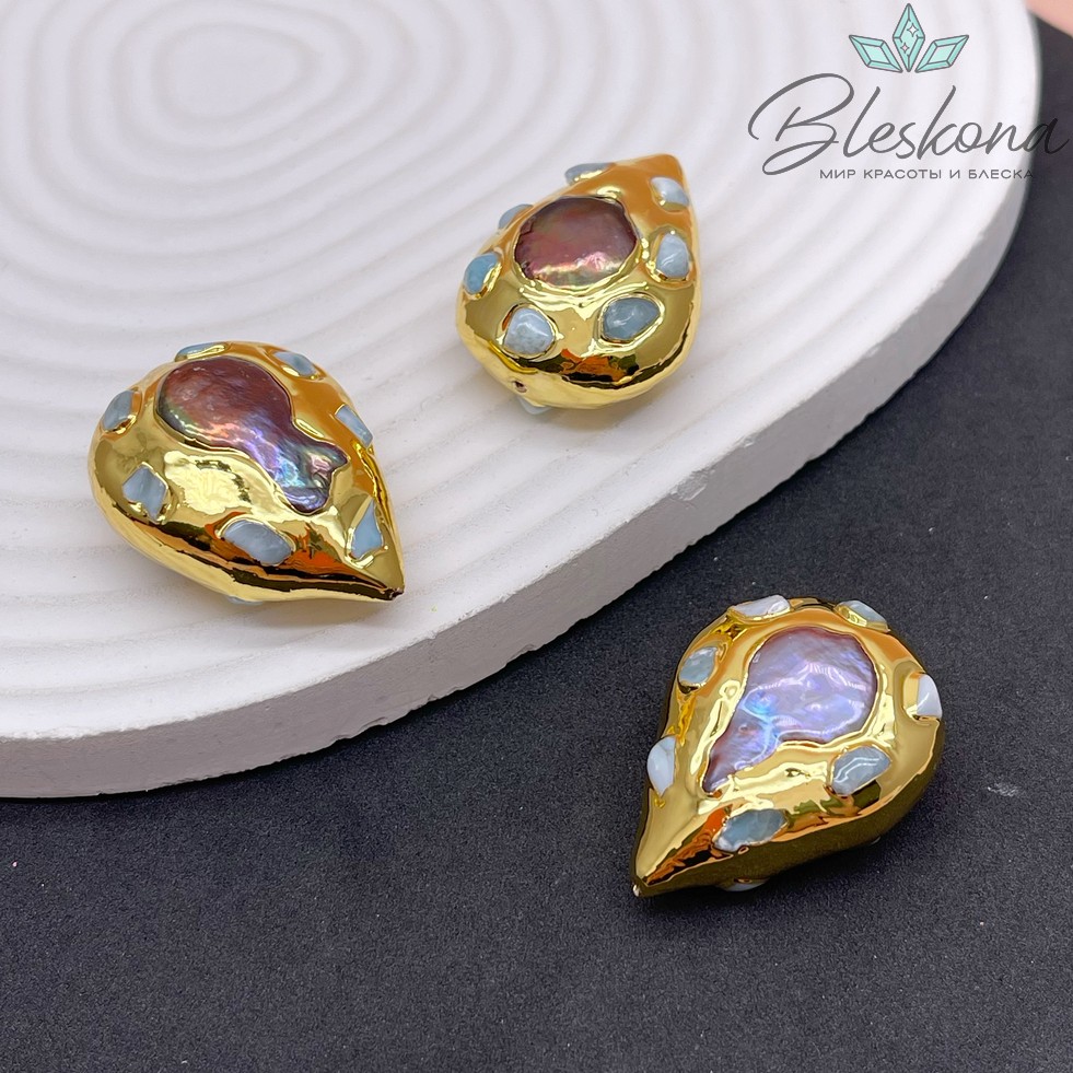 32*23 мм Цвет золото, Бусина  Жемчуг  капля  инкрустированная натуральными камнями хамелеон
