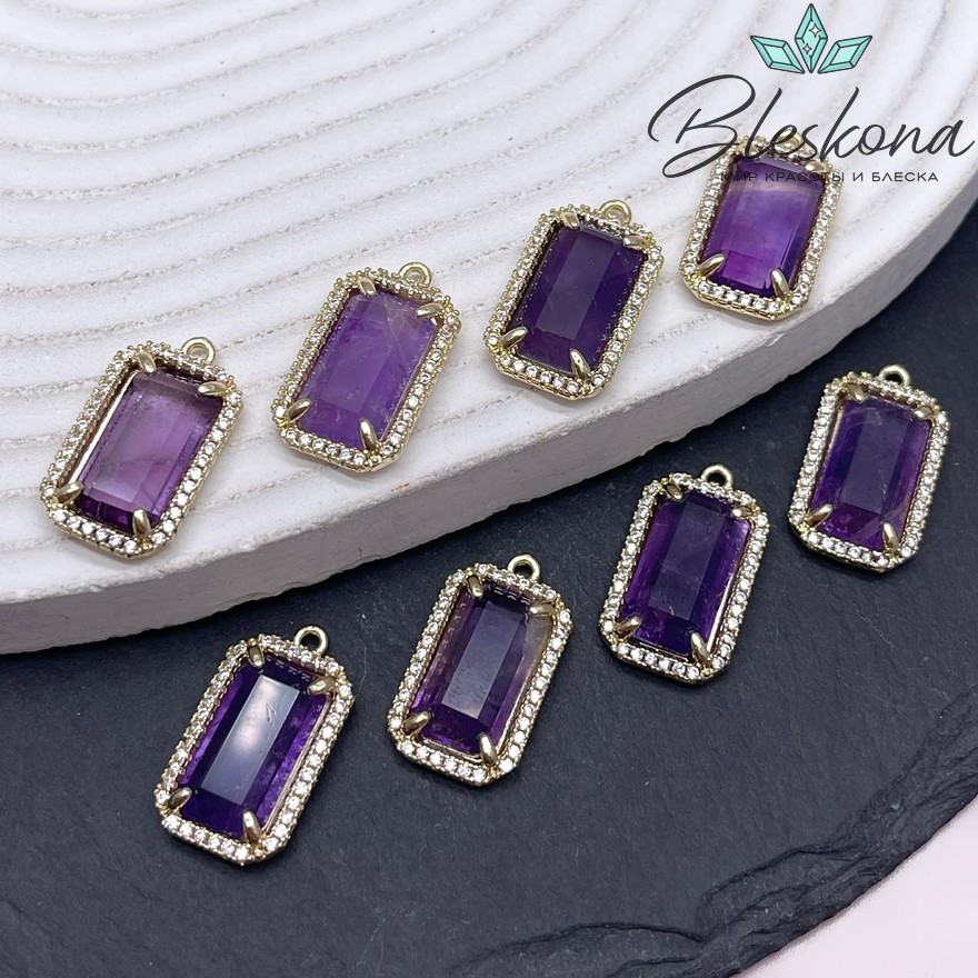12*21мм, цвет золото ,Подвеска Прямоугольник Аметист в обрамлении цирконы