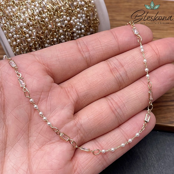 Цепь №269-1 цвет золото 10*3 мм, имитация жемчуга