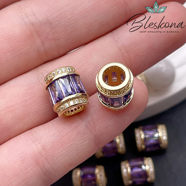 11*9,5 мм, цвет золото, Бусина цилиндр фиолетовые цирконы