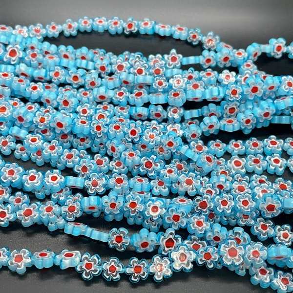 Муранское стекло синее цветок красный  8 мм