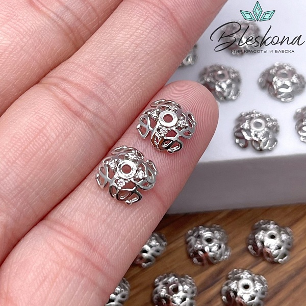 8,5 мм Цвет серебро, Шапочка узор с цирконами