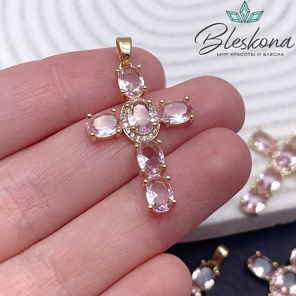 33*21,5 мм Цвет золото, Подвеска Крест овальные цирконы розовые 