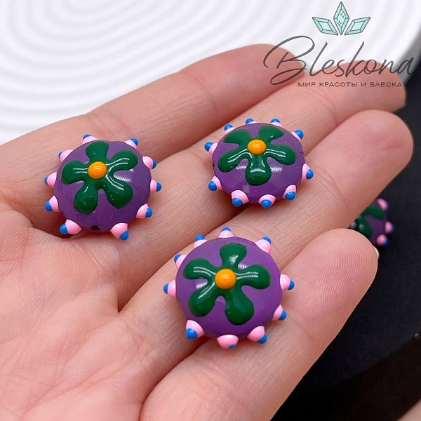 20 мм Бусина округлая лиловая зеленый цветок