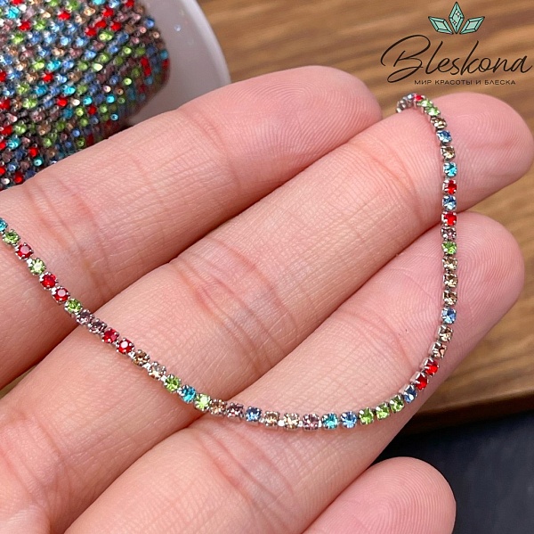 Цепь №309 цвет серебро, стразовая лента цирконы микс 1,7 мм