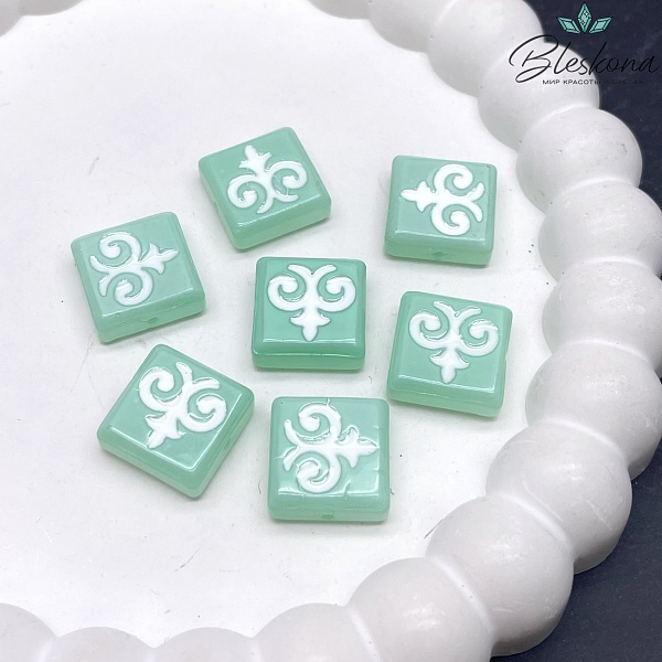 15 мм Бусина Этно квадрат зеленый белый рисунок