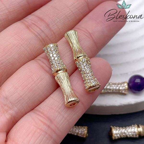 25*5,8 мм Цвет золото, Бусина трубочка бамбук с цирконами 