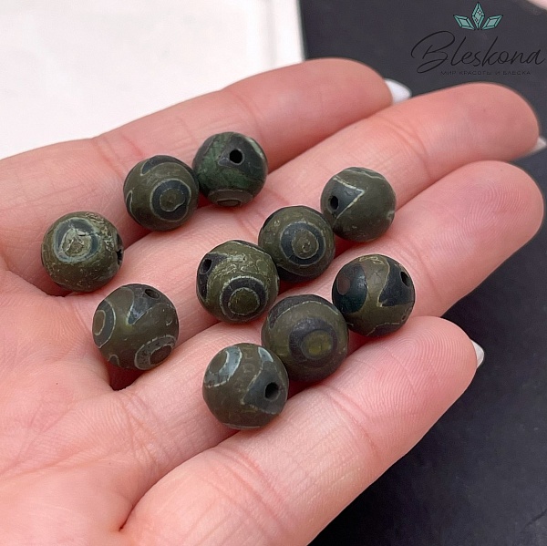 Бусина Дзи 3 глаза темно-зеленый шар 10 мм уп.10 шт.