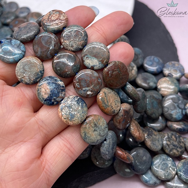 Окаменелый коралл Петоски тонированный круг 15 мм 