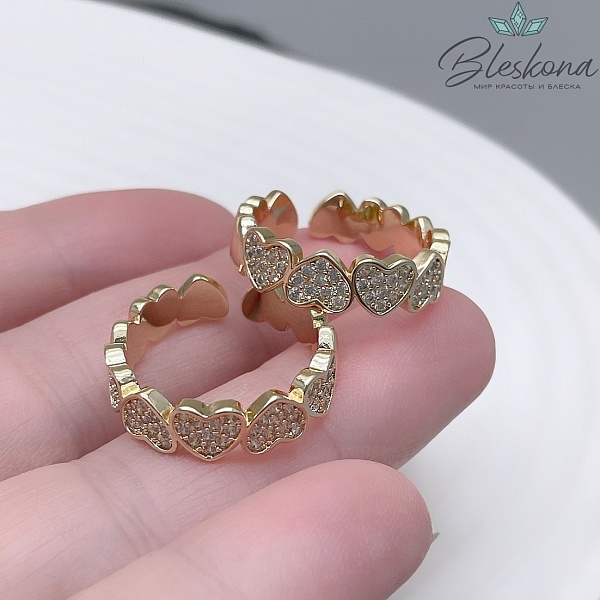 20 мм, Цвет золото, Кольцо безразмерное сердечки с цирконами
