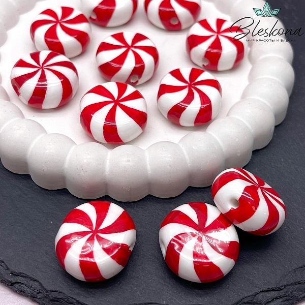 23*12 мм Бусина Бублик белый красные полосы