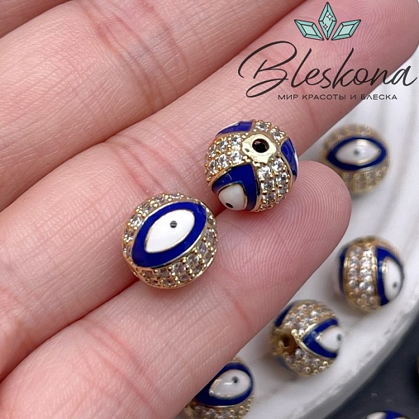 10,5 мм Цвет золото, Бусина с глазком синяя эмаль