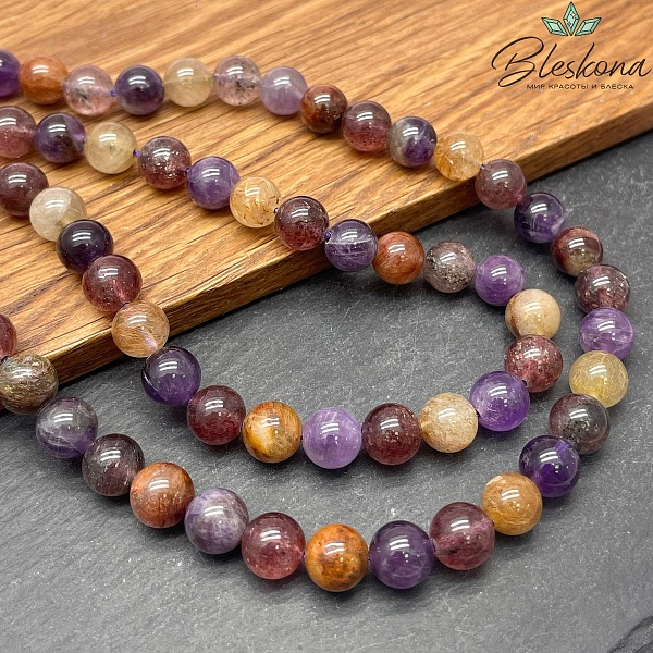 Микс аметист, рутиловый кварц, клубничный кварц 8 мм