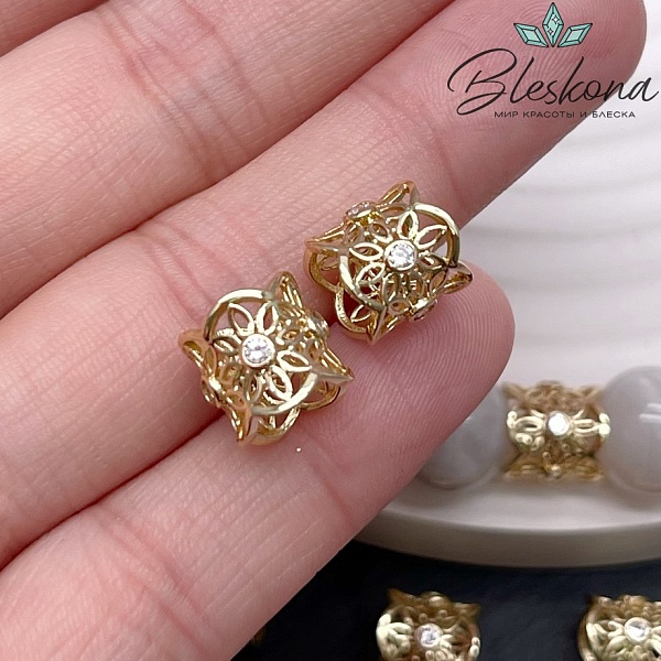 14,5*14,3 мм Цвет золото, Бусина цилиндр цветы цирконы