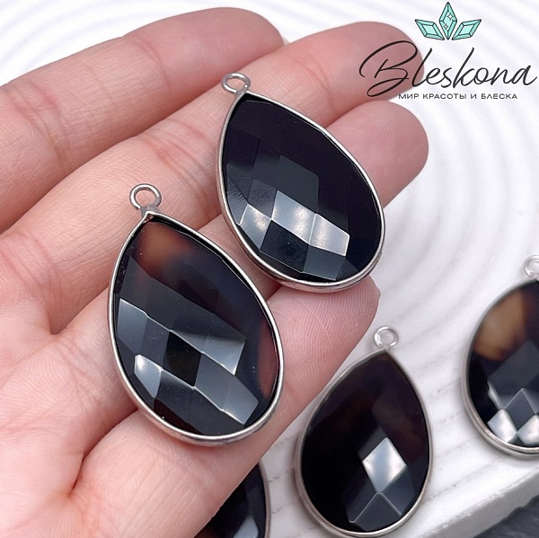 37*21 мм цвет серебро, Подвеска капля Агат черный огранка