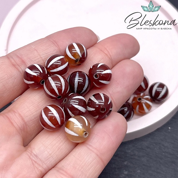Бусина Дзи полосы бело-коричневый шар 10 мм уп.10 шт.