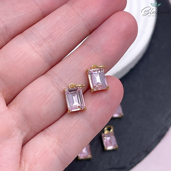 8*5 мм, Цвет золото, Подвеска прямоугольник розовый циркон