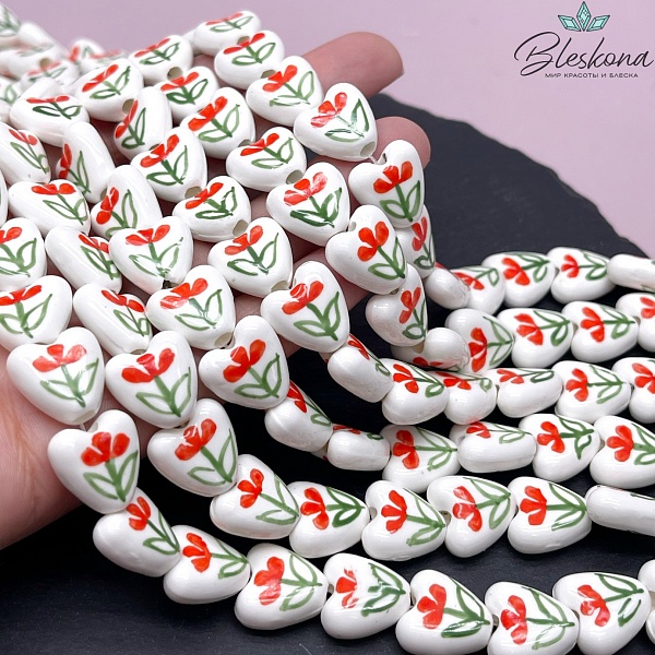 14,5 мм Бусина сердце, керамика цвет белый красный цветок