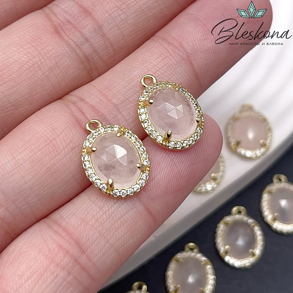 15*11 мм Цвет золото, Подвеска овал Розовый Кварц в обрамлении цирконы