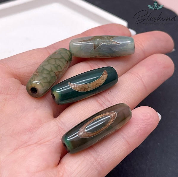 Бусина Дзи Вселенная (Небо,Звезда и Луна) зелено-коричневый бочонок 30*11 мм