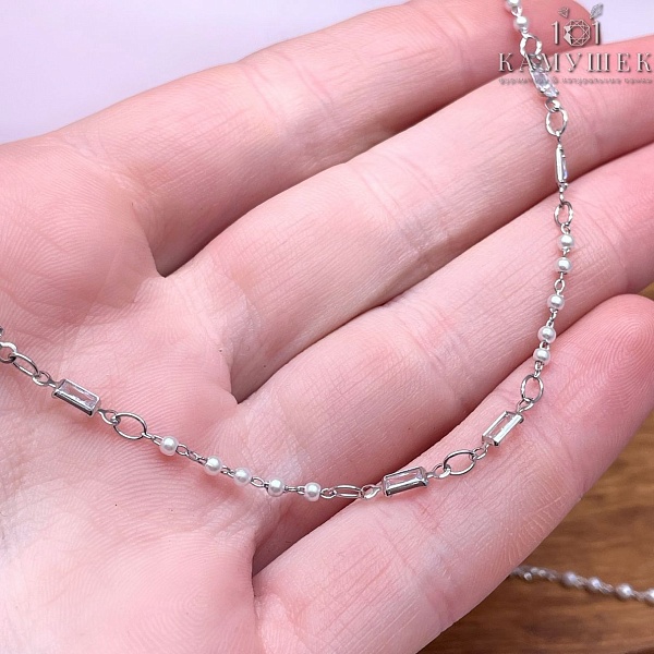Цепь №269 цвет серебро 10*3 мм, имитация жемчуга