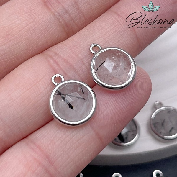 11,5мм, цвет серебро ,Подвеска круг мини Турмалиновый кварц огранка