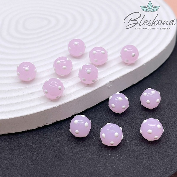 10 мм Бусина шар розовый белые точки