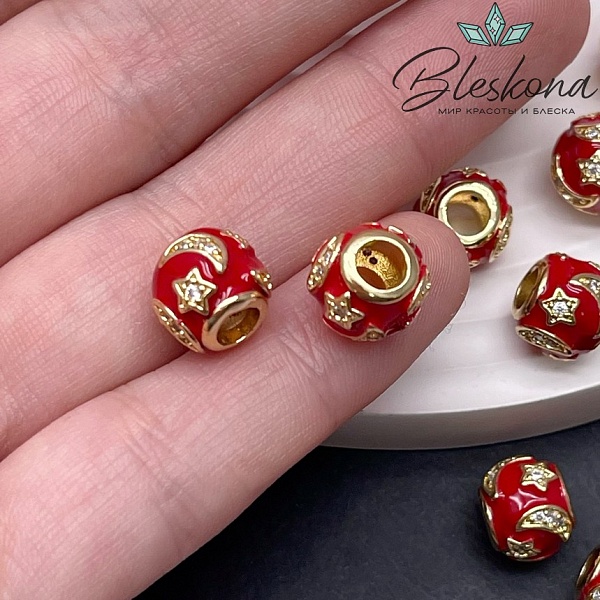 9*10 мм Цвет золото, Бусина бочонок звезды и луна цирконы красная эмаль